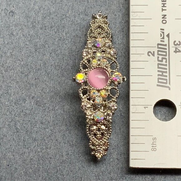 Victorian Moonstone Hair Barrette 2.5 In Filigree Silver Pink Iridescent Crystal
